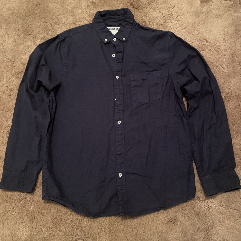 Express Men’s Soft Wash Slim Fit Dark Navy Blue Casual Button-Down Shirt